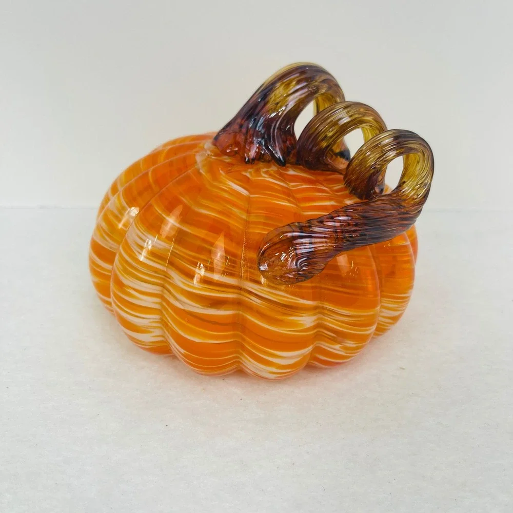 Hand Blown Glass Pumpkin Orange White Swirl Amber Curly Stem Fall Decor 5x4